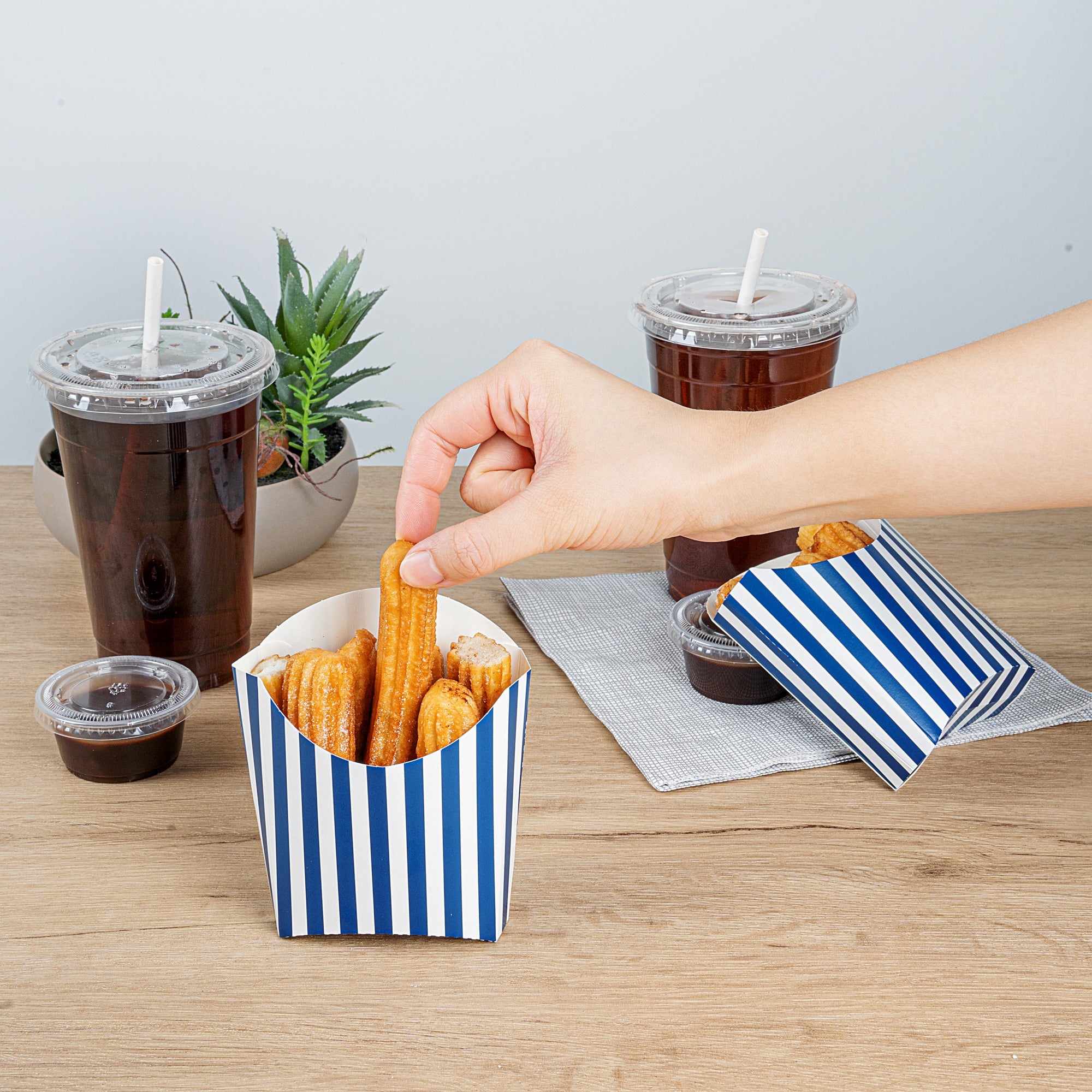 Bio Tek 3 oz Blue and White Stripe Paper Fry Cup / Snack Container - 4 1/2" x 3 1/4" x 3 3/4" - 100 count box