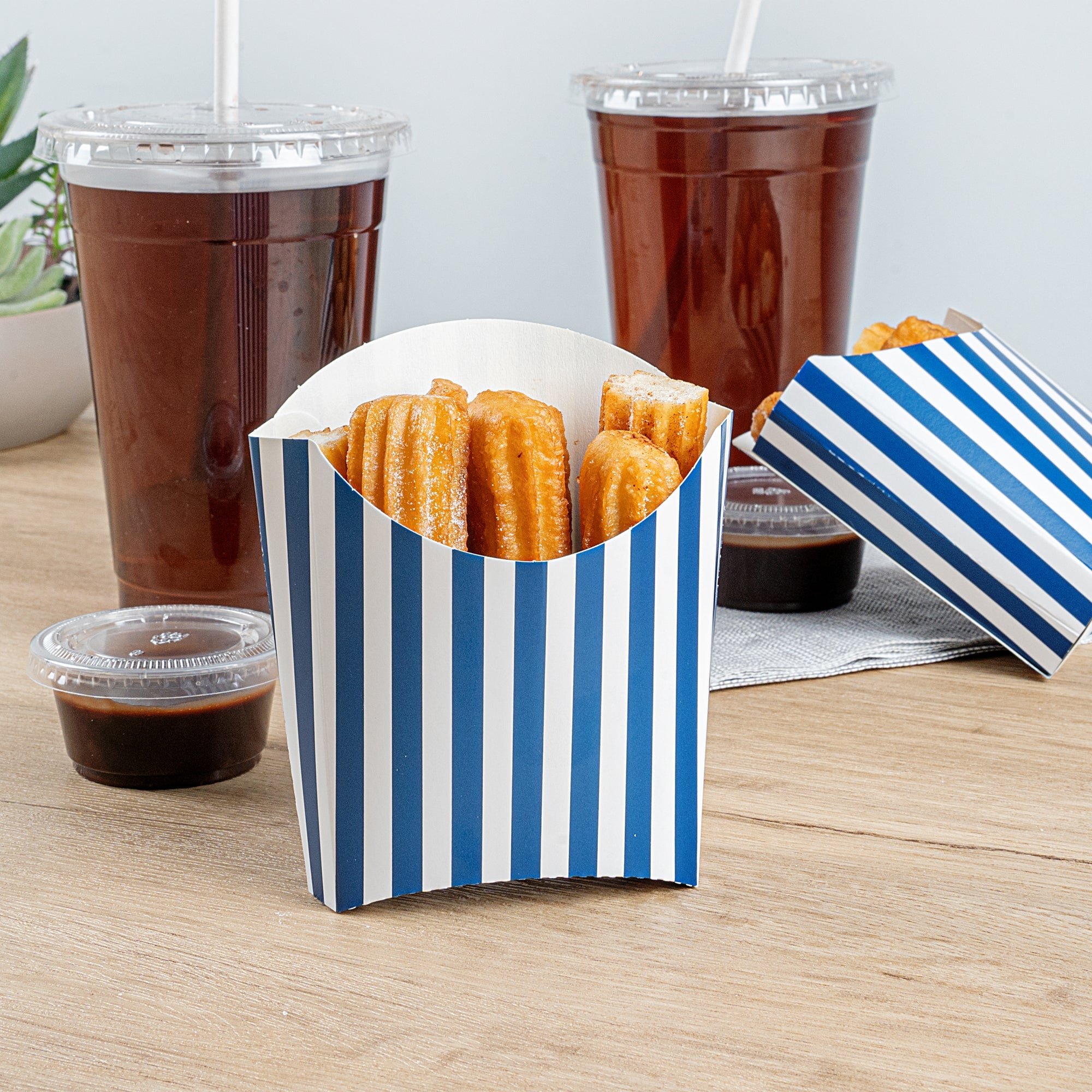 Bio Tek 3 oz Blue and White Stripe Paper Fry Cup / Snack Container - 4 1/2" x 3 1/4" x 3 3/4" - 100 count box