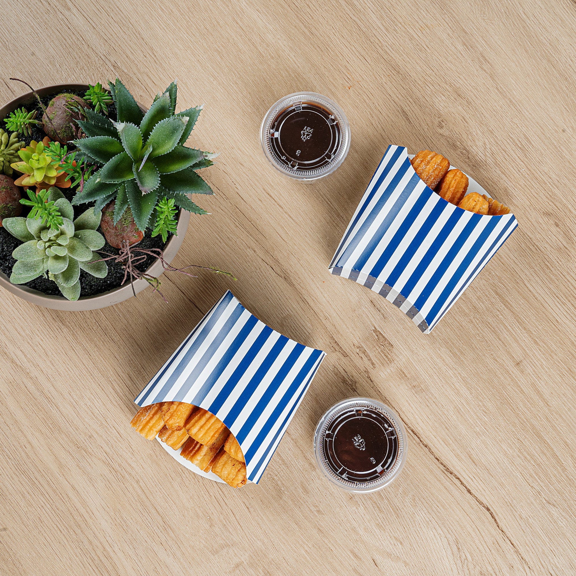 Bio Tek 3 oz Blue and White Stripe Paper Fry Cup / Snack Container - 4 1/2" x 3 1/4" x 3 3/4" - 100 count box