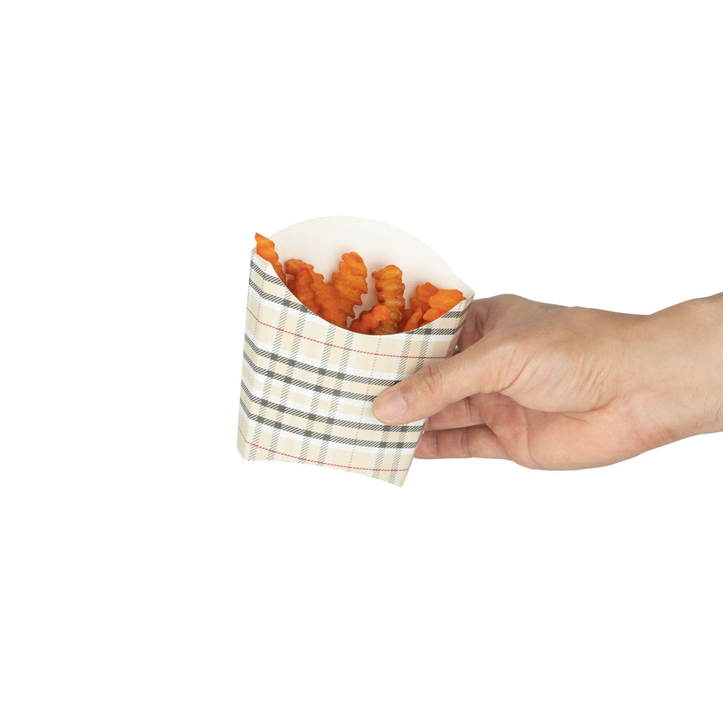 Bio Tek 3 oz Plaid Paper Fry Cup / Snack Container - 4 1/2" x 3 1/4" x 3 3/4" - 100 count box