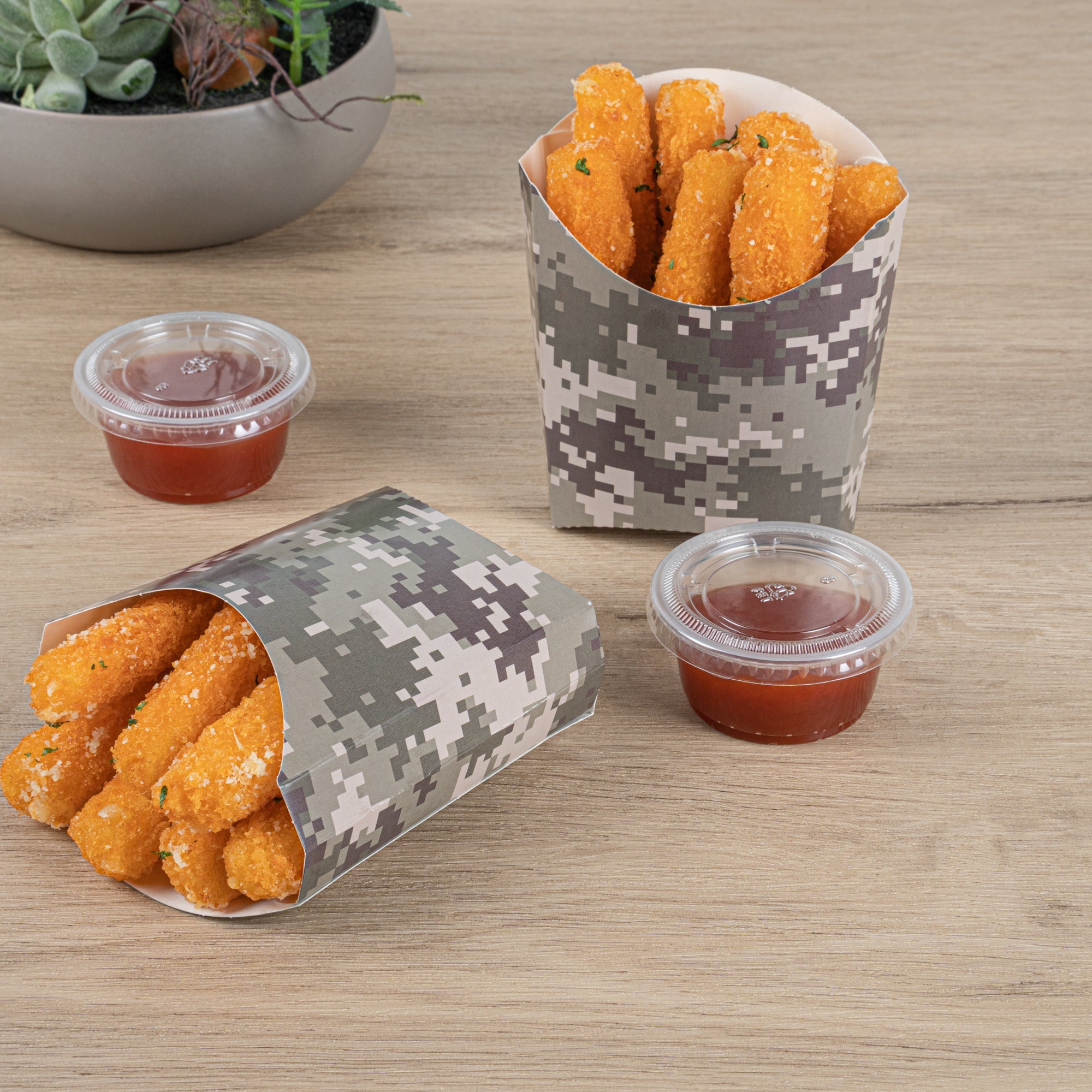 Bio Tek 3 oz Camouflage Paper Fry Cup / Snack Container - 4 1/2" x 3 1/4" x 3 3/4" - 100 count box