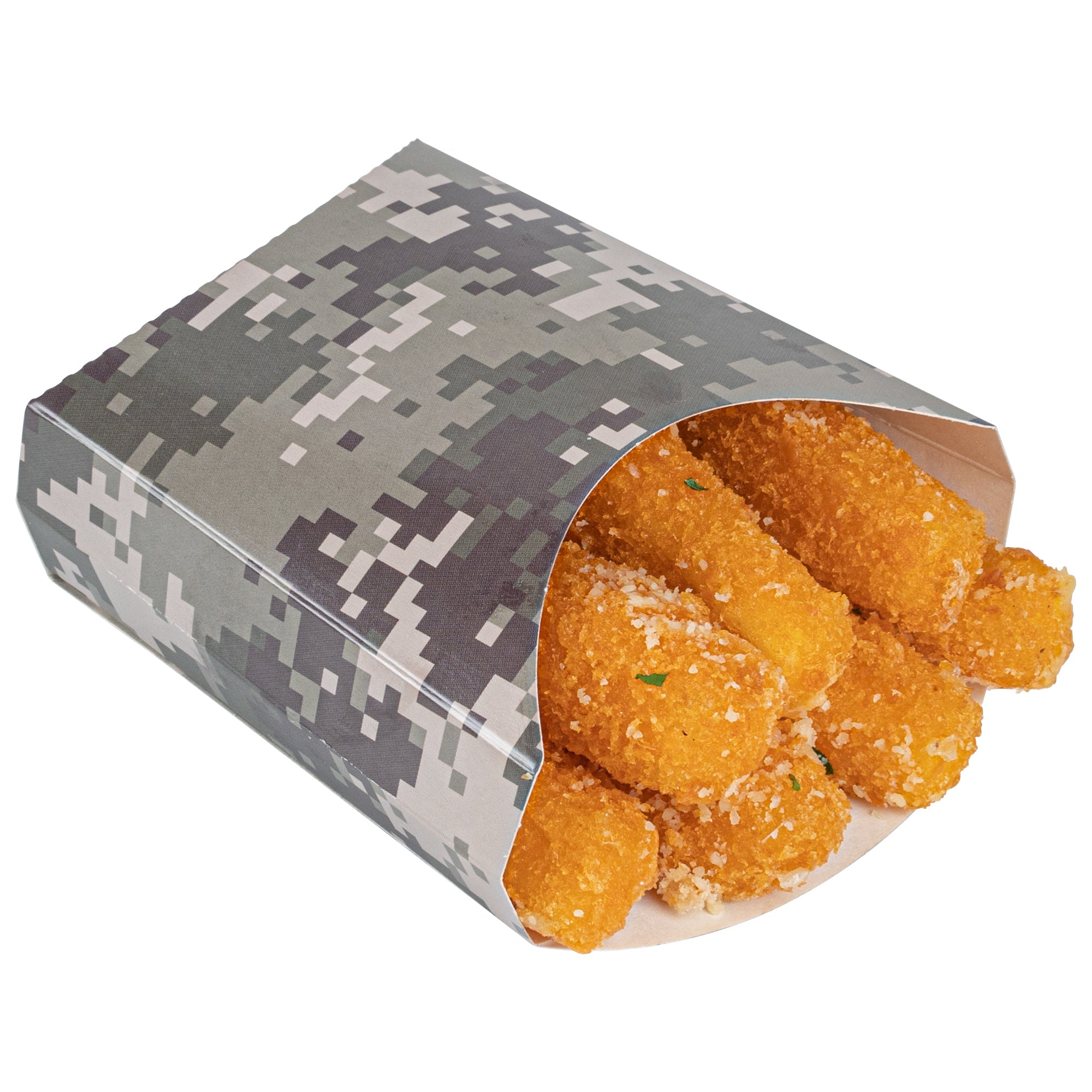 Bio Tek 3 oz Camouflage Paper Fry Cup / Snack Container - 4 1/2" x 3 1/4" x 3 3/4" - 100 count box