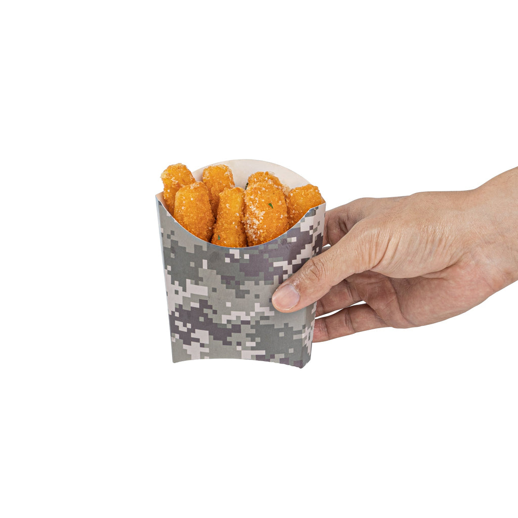 Bio Tek 3 oz Camouflage Paper Fry Cup / Snack Container - 4 1/2" x 3 1/4" x 3 3/4" - 100 count box