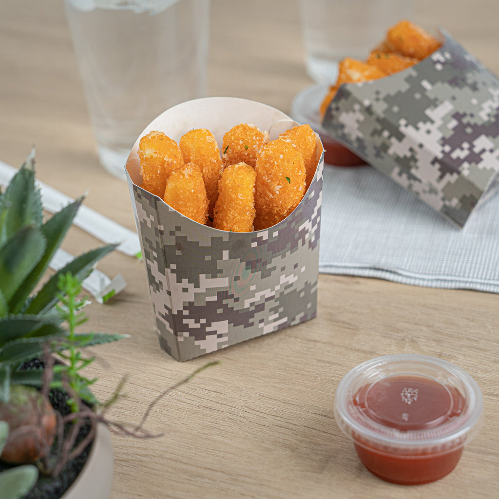 Bio Tek 3 oz Camouflage Paper Fry Cup / Snack Container - 4 1/2" x 3 1/4" x 3 3/4" - 100 count box