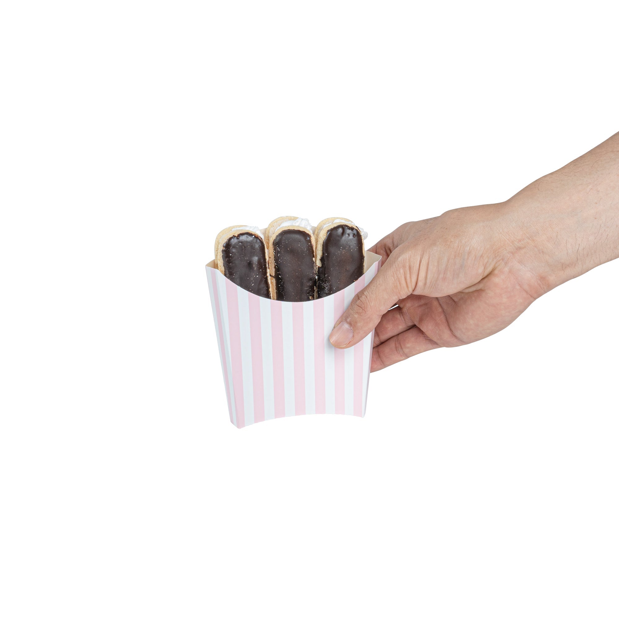 Bio Tek 3 oz Pink and White Stripe Paper Fry Cup / Snack Container - 4 1/2" x 3 1/4" x 3 3/4" - 100 count box