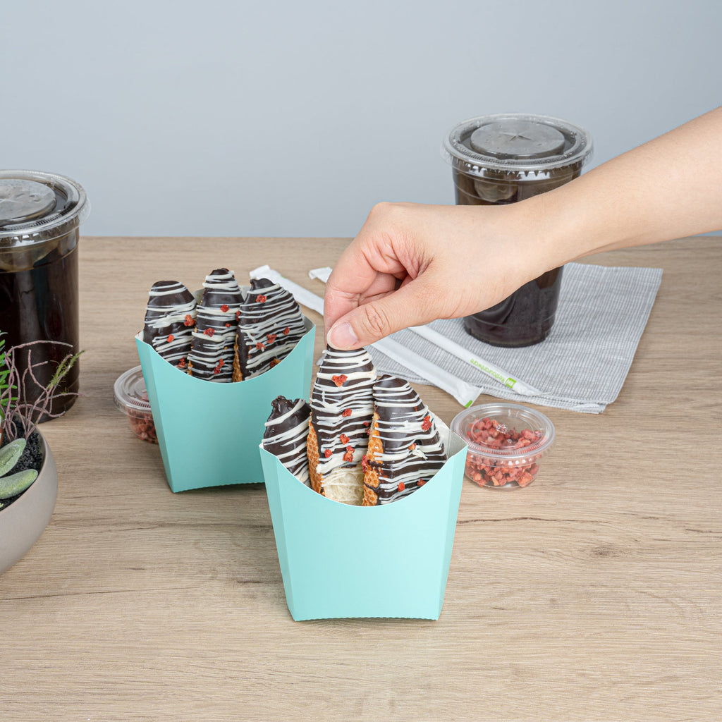 Bio Tek 3 oz Turquoise Paper Fry Cup / Snack Container - 4 1/2" x 3 1/4" x 3 3/4" - 100 count box