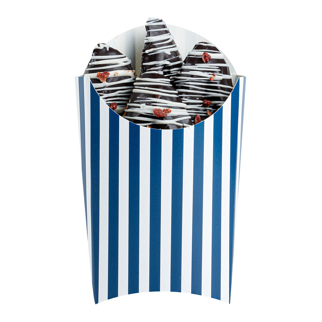 Bio Tek 4 oz Blue and White Stripe Paper Fry Cup / Snack Container - 4 3/4" x 3 1/2" x 5" - 100 count box