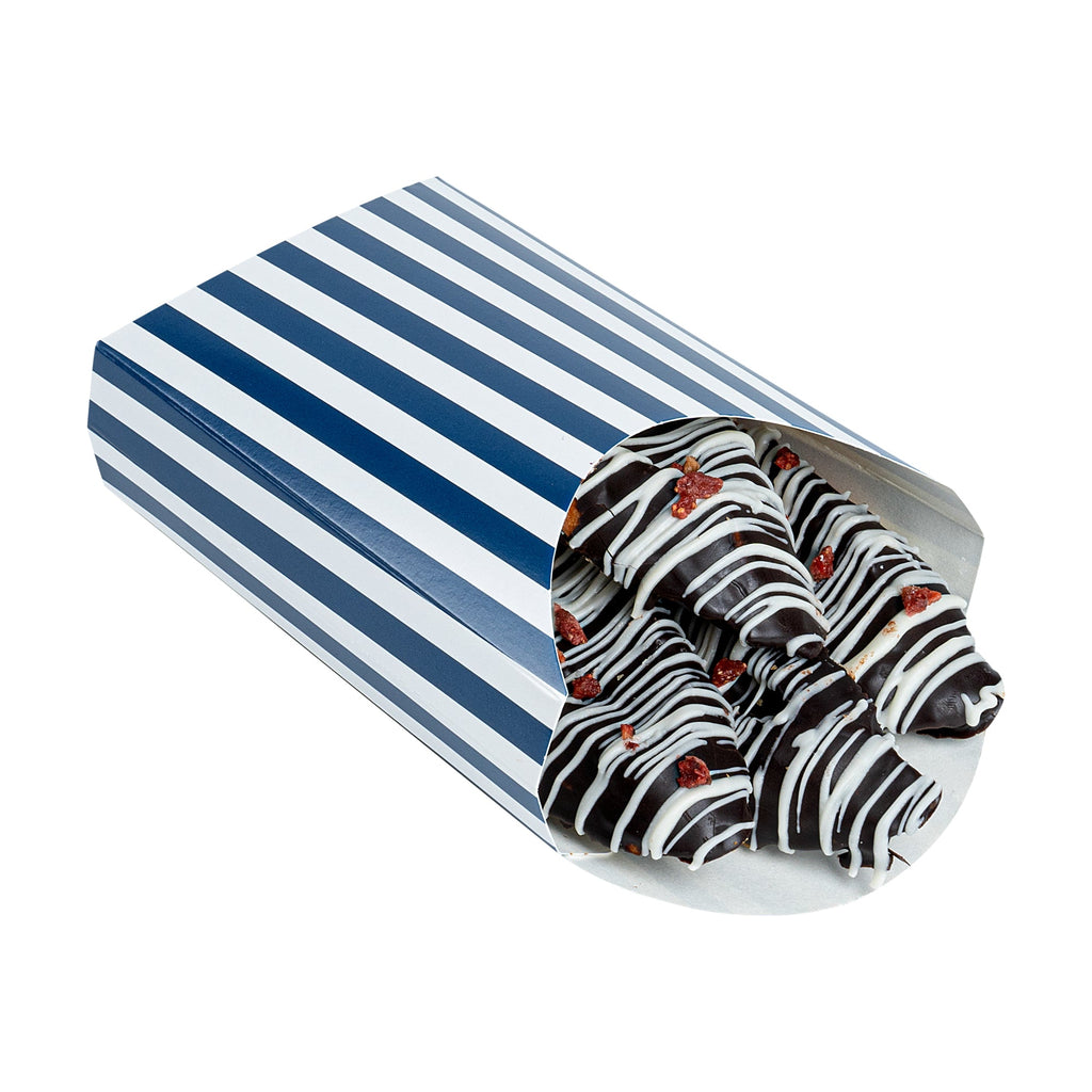 Bio Tek 4 oz Blue and White Stripe Paper Fry Cup / Snack Container - 4 3/4" x 3 1/2" x 5" - 100 count box