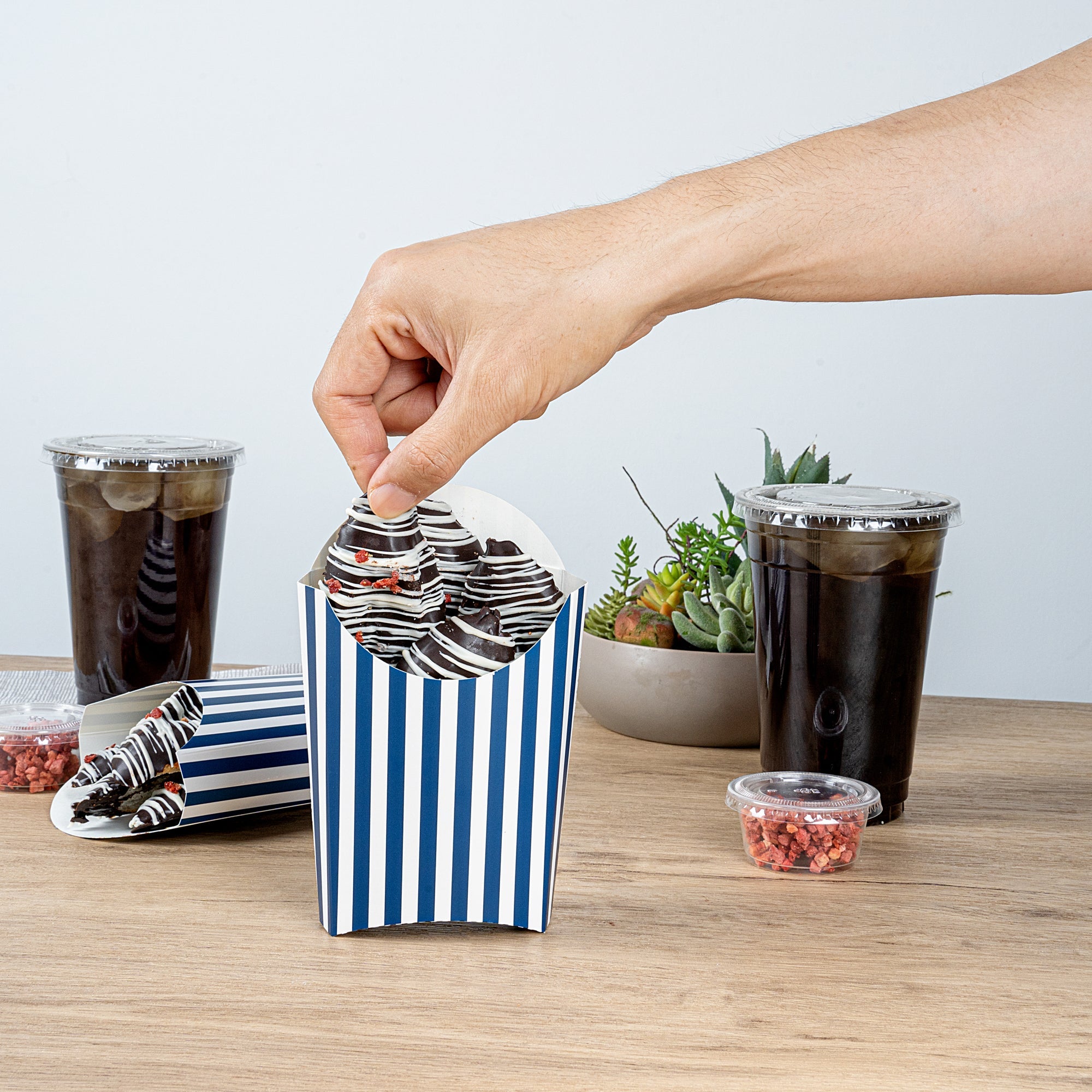 Bio Tek 4 oz Blue and White Stripe Paper Fry Cup / Snack Container - 4 3/4" x 3 1/2" x 5" - 100 count box