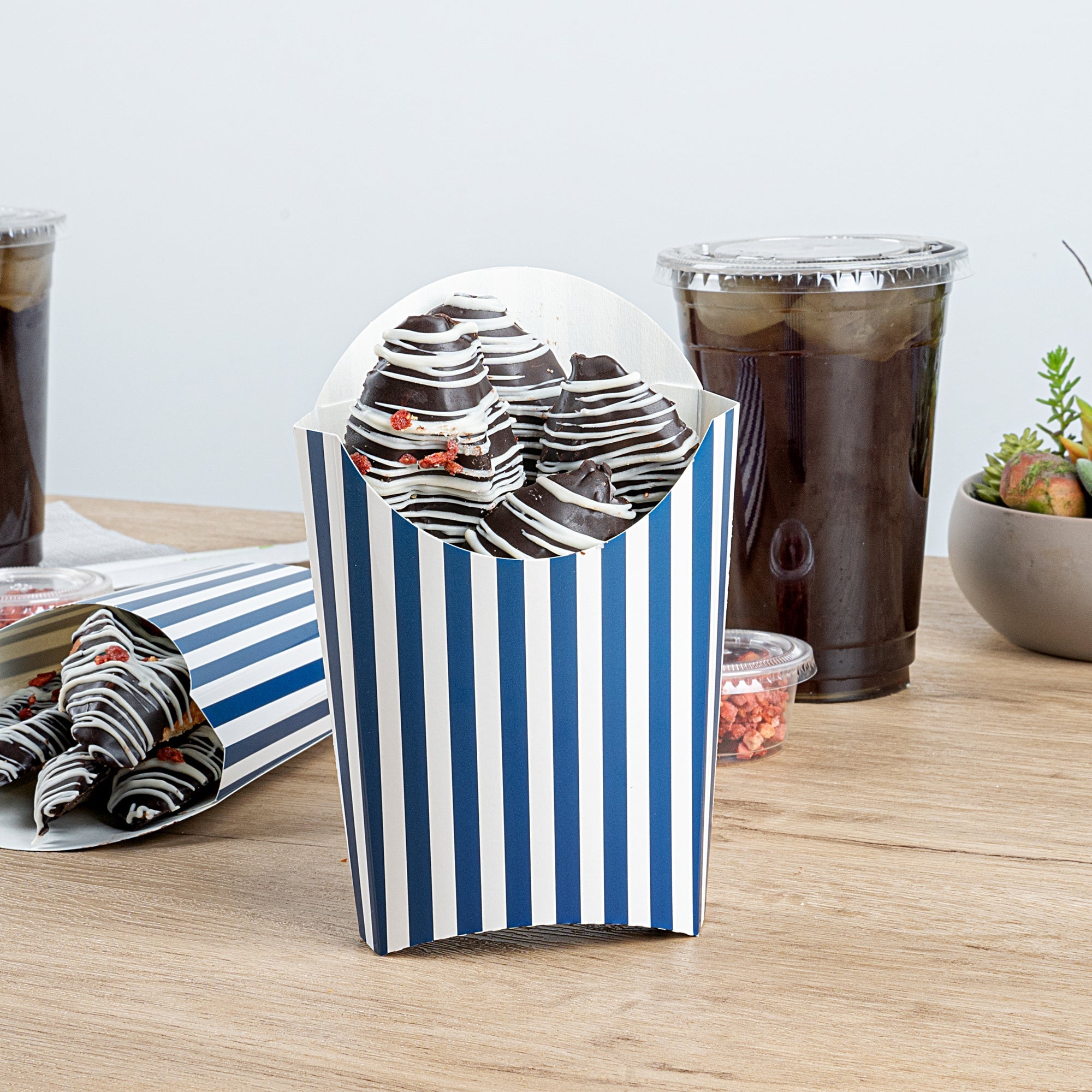Bio Tek 4 oz Blue and White Stripe Paper Fry Cup / Snack Container - 4 3/4" x 3 1/2" x 5" - 100 count box