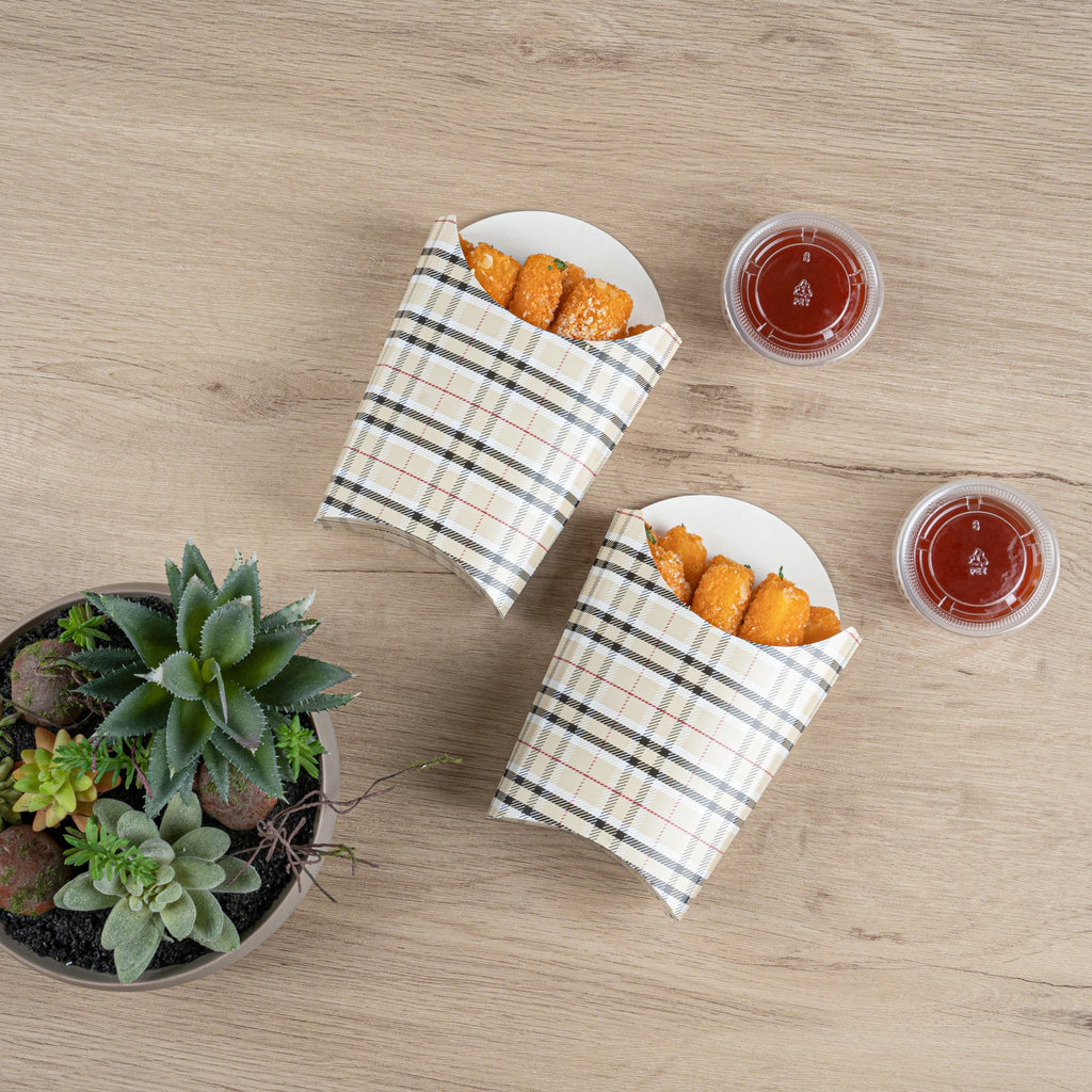 Bio Tek 4 oz Plaid Paper Fry Cup / Snack Container - 4 3/4" x 3 1/2" x 5" - 100 count box