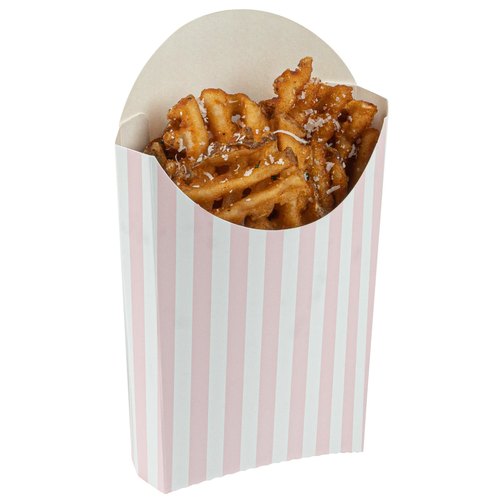 Bio Tek 4 oz Pink and White Stripe Paper Fry Cup / Snack Container - 4 3/4" x 3 1/2" x 5" - 100 count box