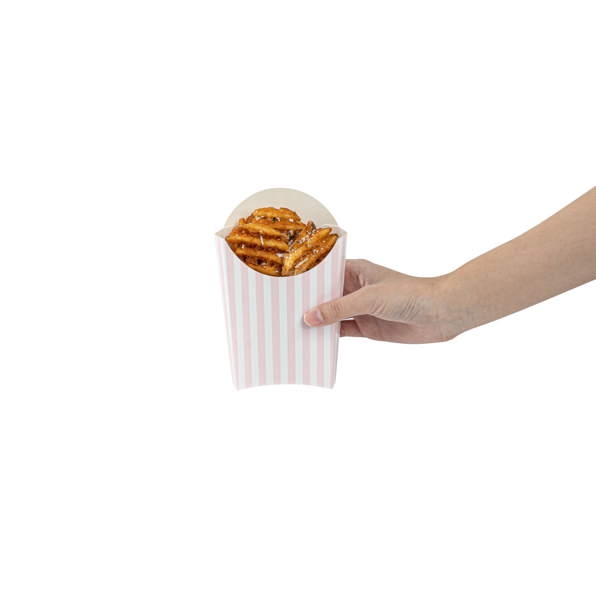 Bio Tek 4 oz Pink and White Stripe Paper Fry Cup / Snack Container - 4 3/4" x 3 1/2" x 5" - 100 count box