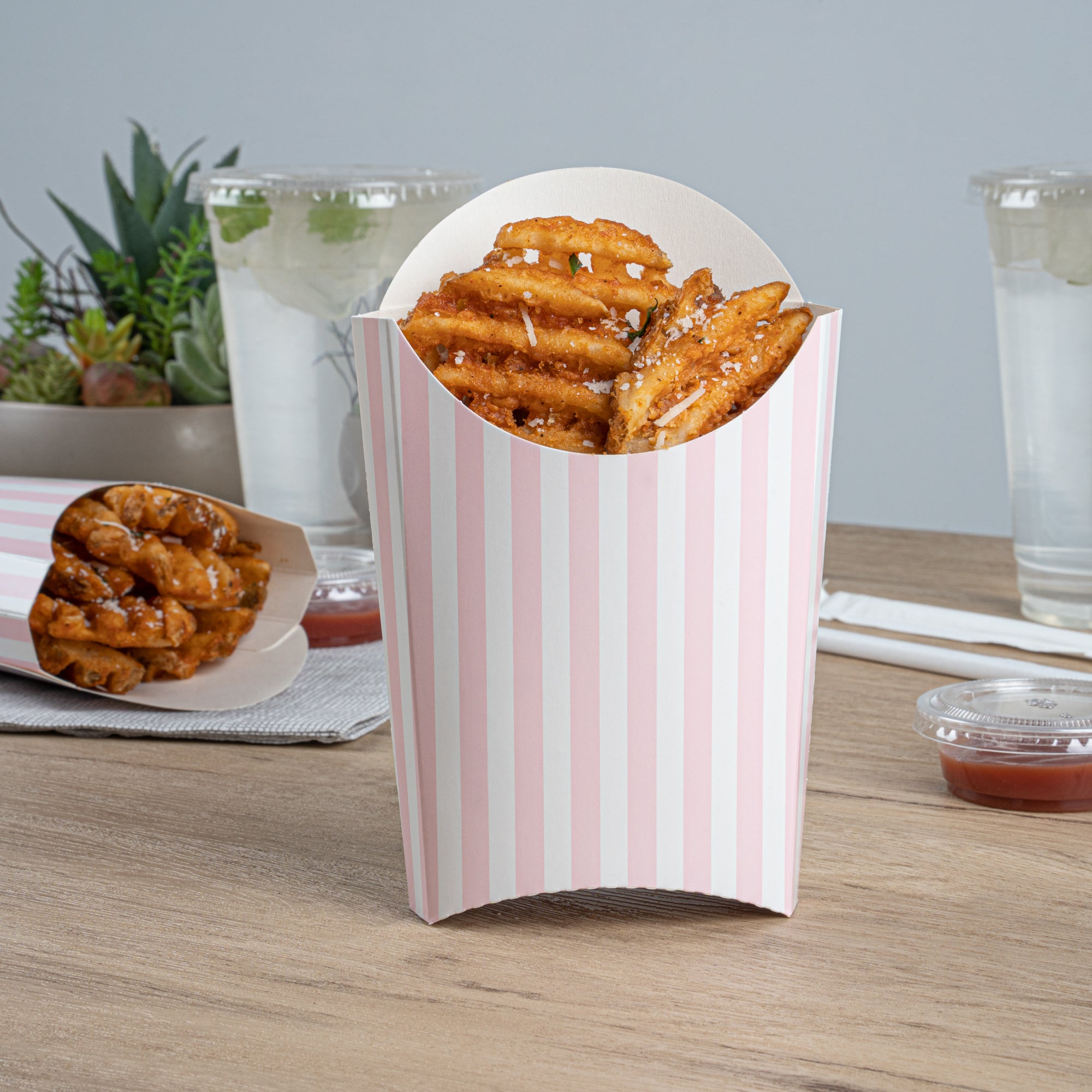 Bio Tek 4 oz Pink and White Stripe Paper Fry Cup / Snack Container - 4 3/4" x 3 1/2" x 5" - 100 count box