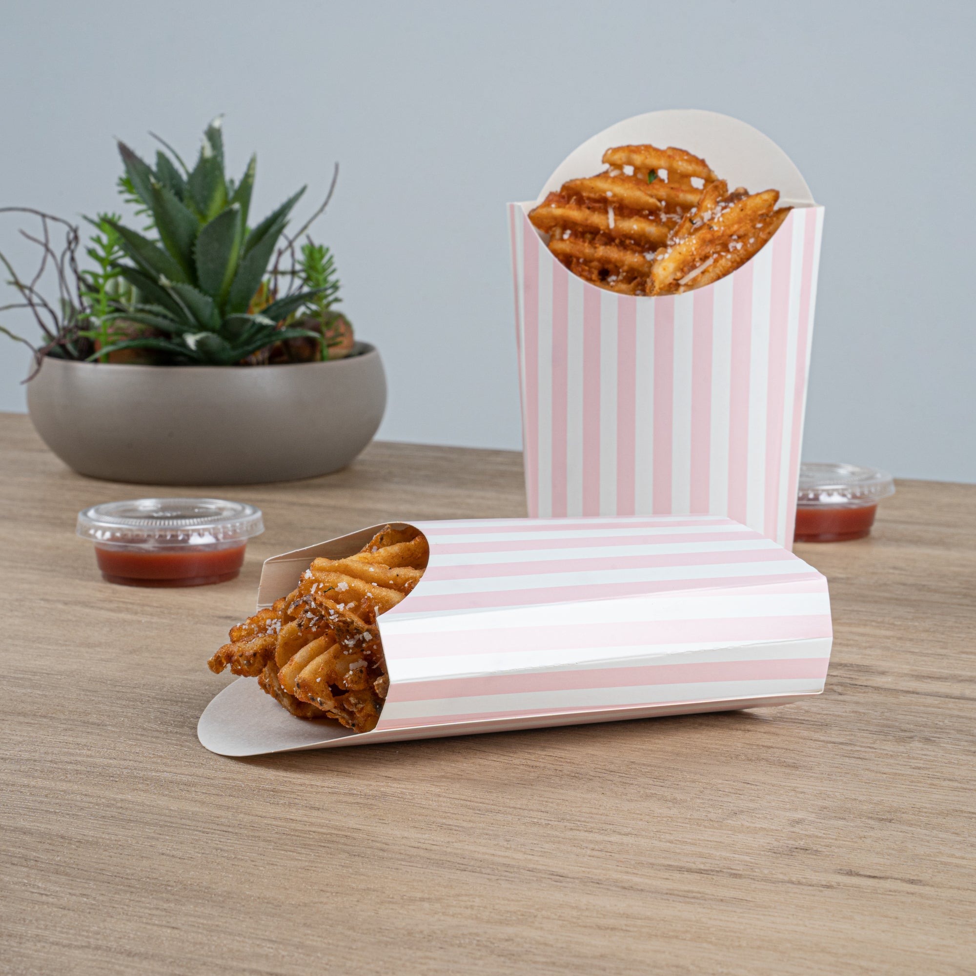 Bio Tek 4 oz Pink and White Stripe Paper Fry Cup / Snack Container - 4 3/4" x 3 1/2" x 5" - 100 count box