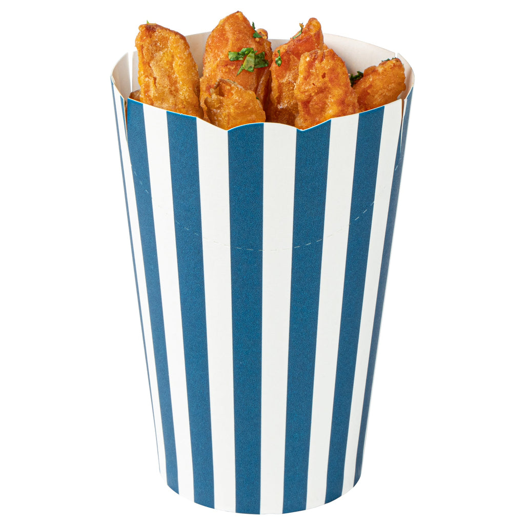Bio Tek 16 oz Round Blue and White Stripe Paper To Go Fry Cup - 3 1/4" x 3 1/4" x 4 1/4" - 100 count box