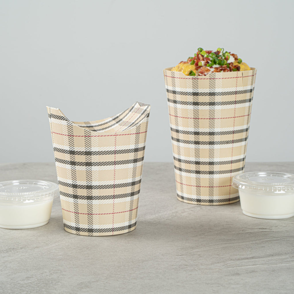 Bio Tek 16 oz Round Plaid Paper To Go Fry Cup - 3 1/4" x 3 1/4" x 4 1/4" - 100 count box