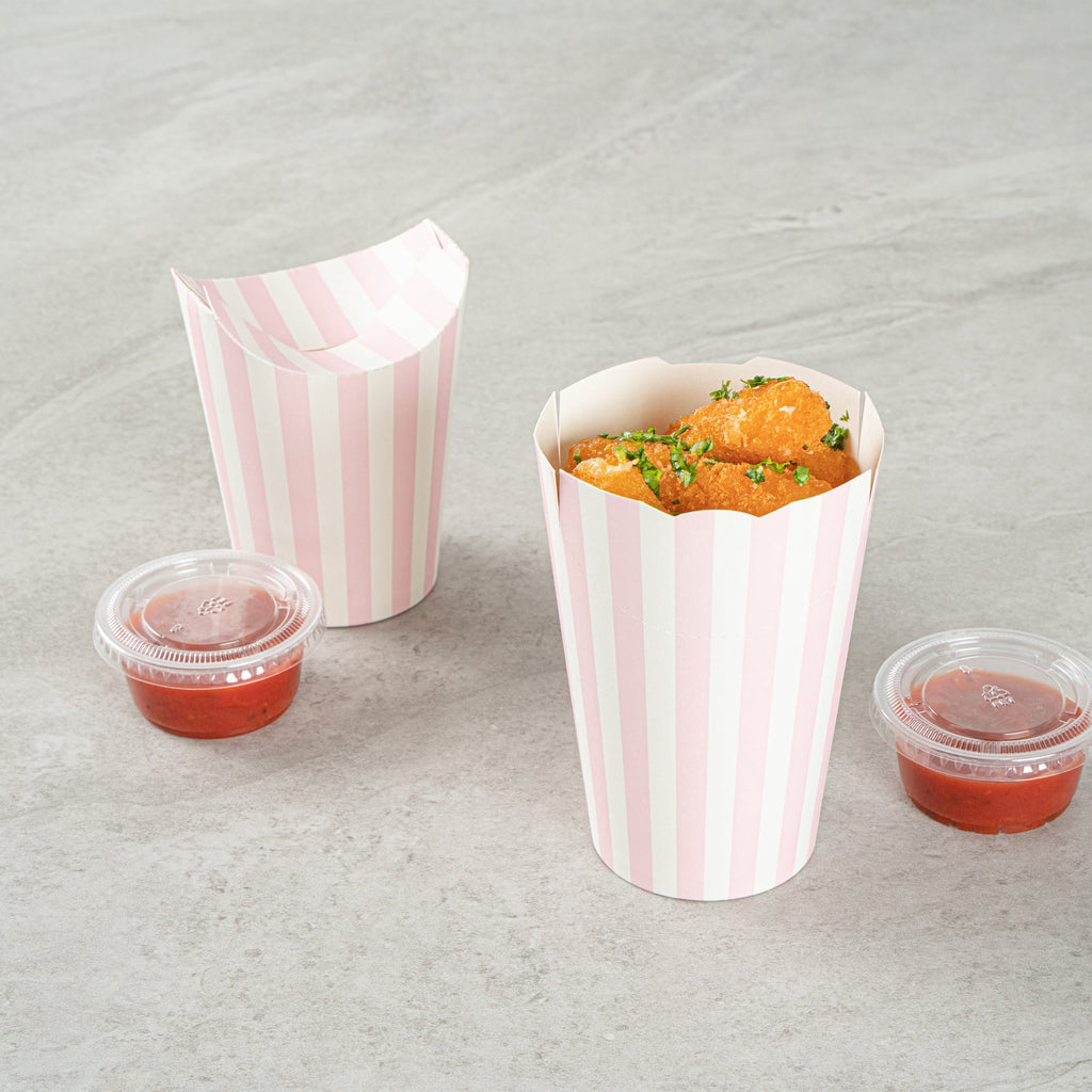Bio Tek 16 oz Round Pink and White Stripe Paper To Go Fry Cup - 3 1/4" x 3 1/4" x 4 1/4" - 100 count box