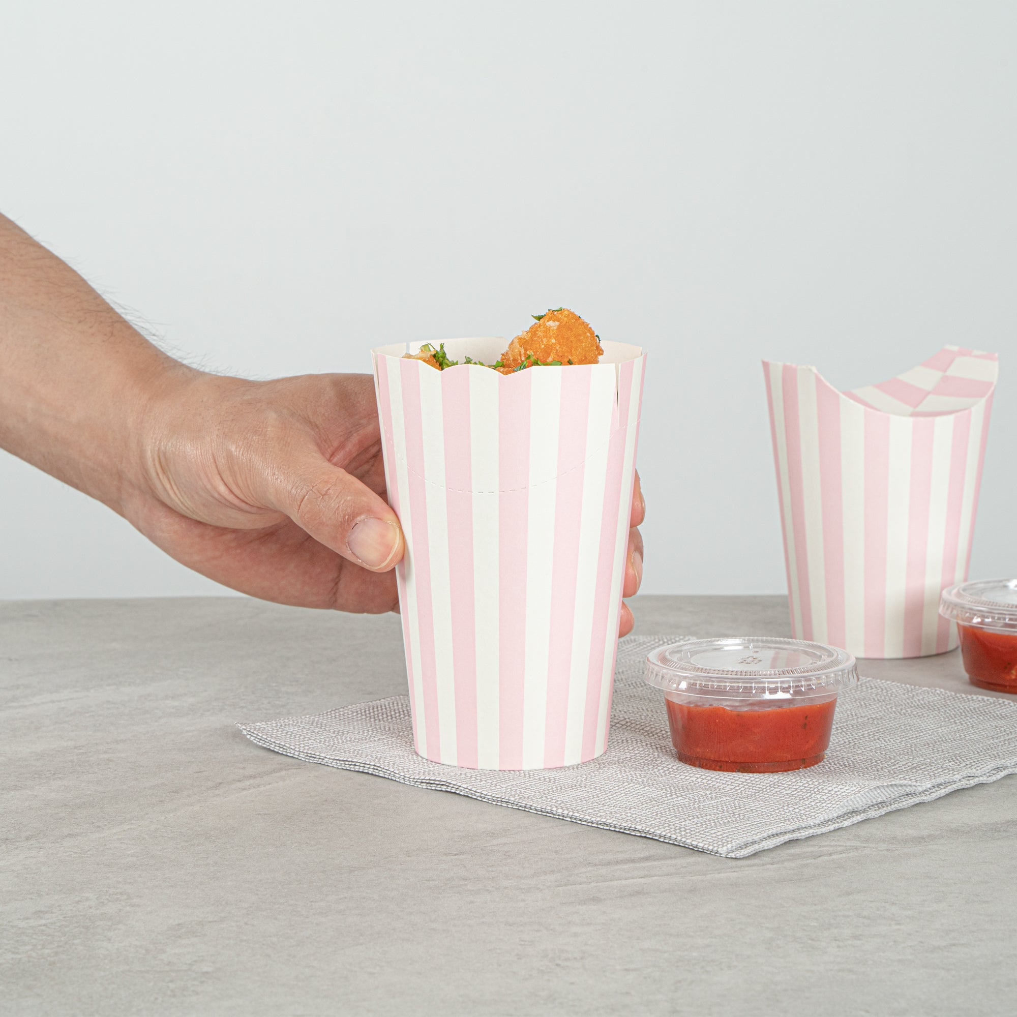 Bio Tek 16 oz Round Pink and White Stripe Paper To Go Fry Cup - 3 1/4" x 3 1/4" x 4 1/4" - 100 count box
