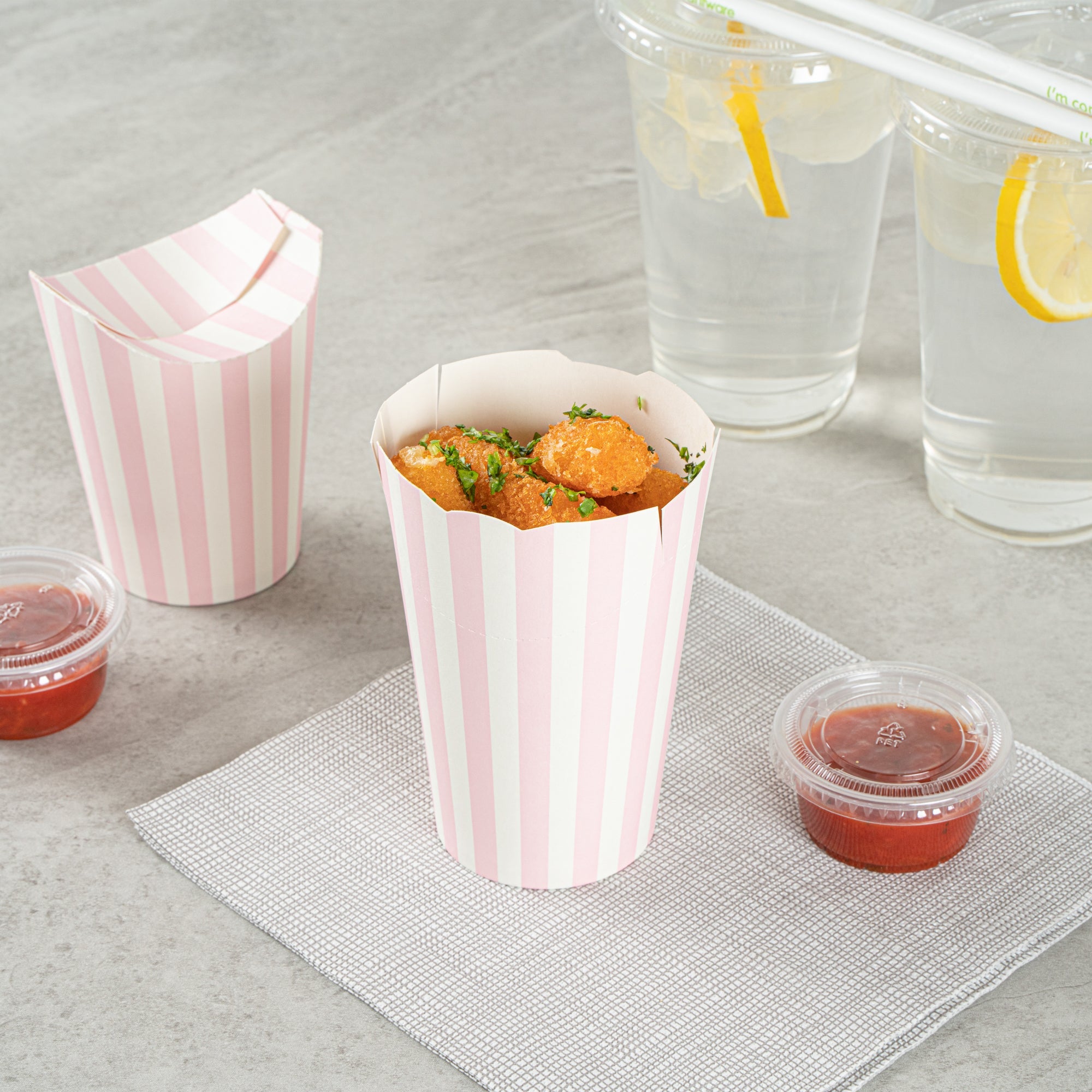Bio Tek 16 oz Round Pink and White Stripe Paper To Go Fry Cup - 3 1/4" x 3 1/4" x 4 1/4" - 100 count box