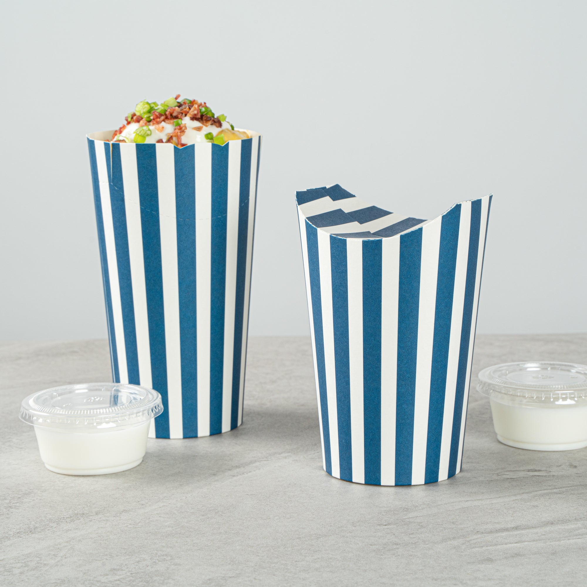 Bio Tek 20 oz Round Blue and White Stripe Paper To Go Fry Cup - 3 1/4" x 3 1/4" x 5" - 100 count box