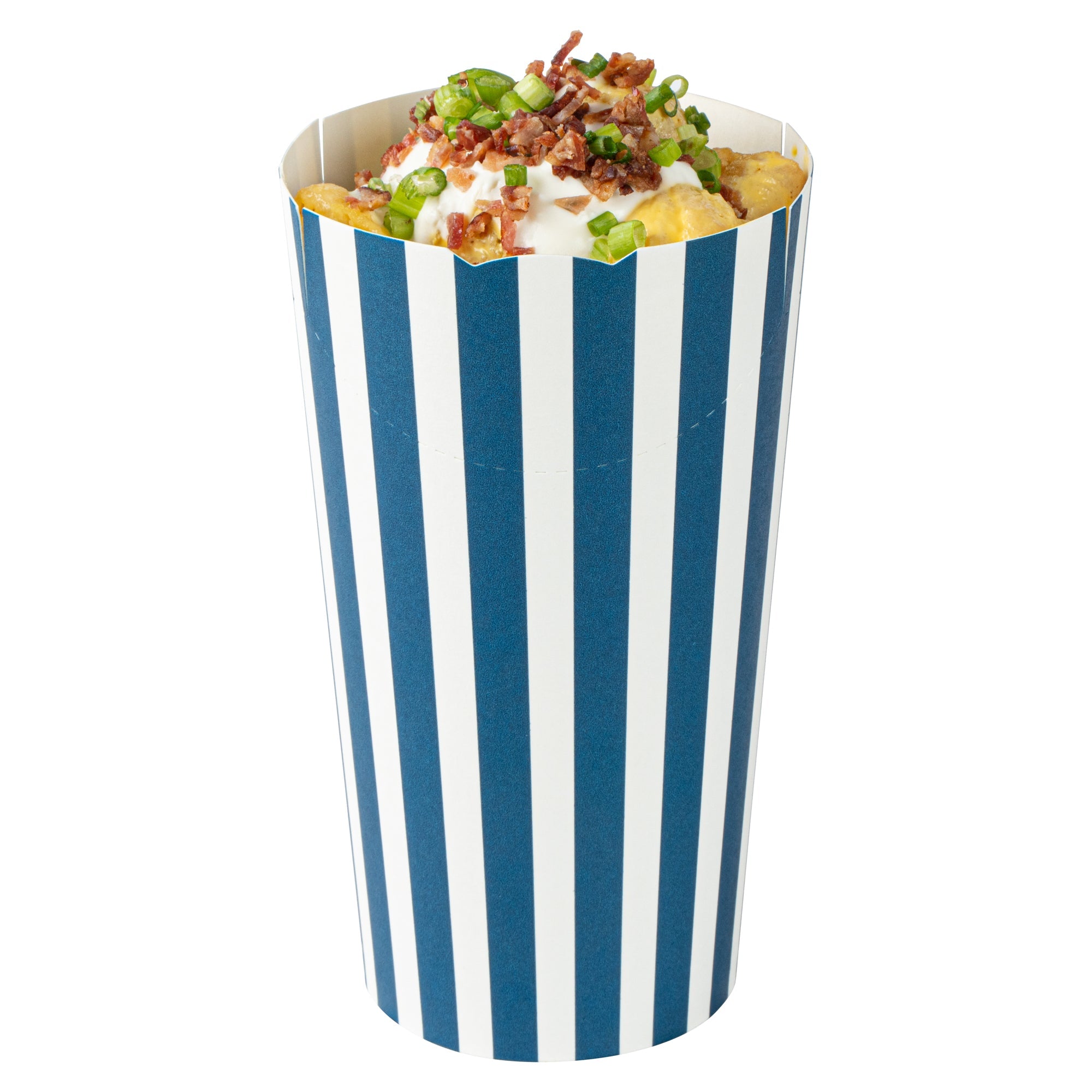 Bio Tek 20 oz Round Blue and White Stripe Paper To Go Fry Cup - 3 1/4" x 3 1/4" x 5" - 100 count box