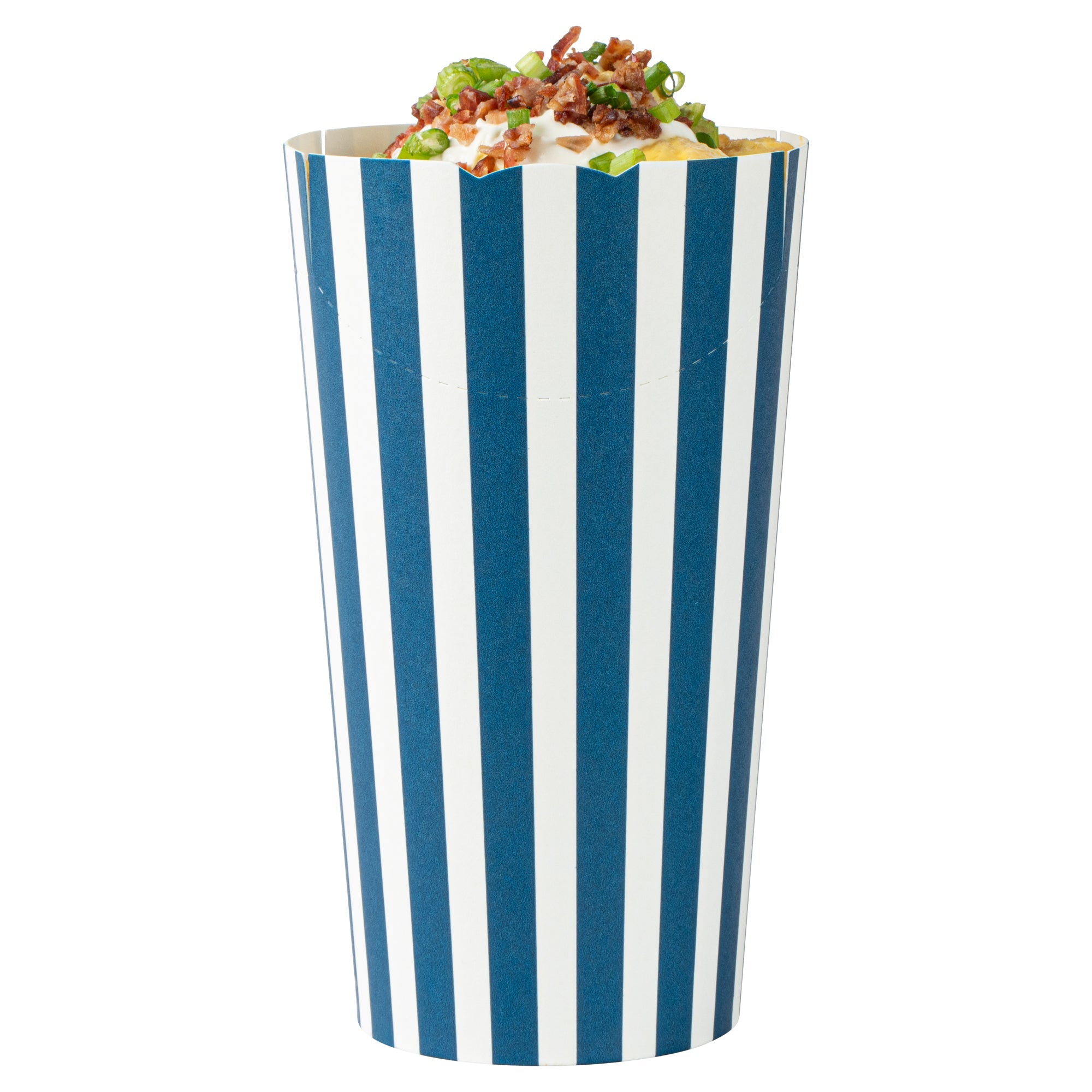 Bio Tek 20 oz Round Blue and White Stripe Paper To Go Fry Cup - 3 1/4" x 3 1/4" x 5" - 100 count box