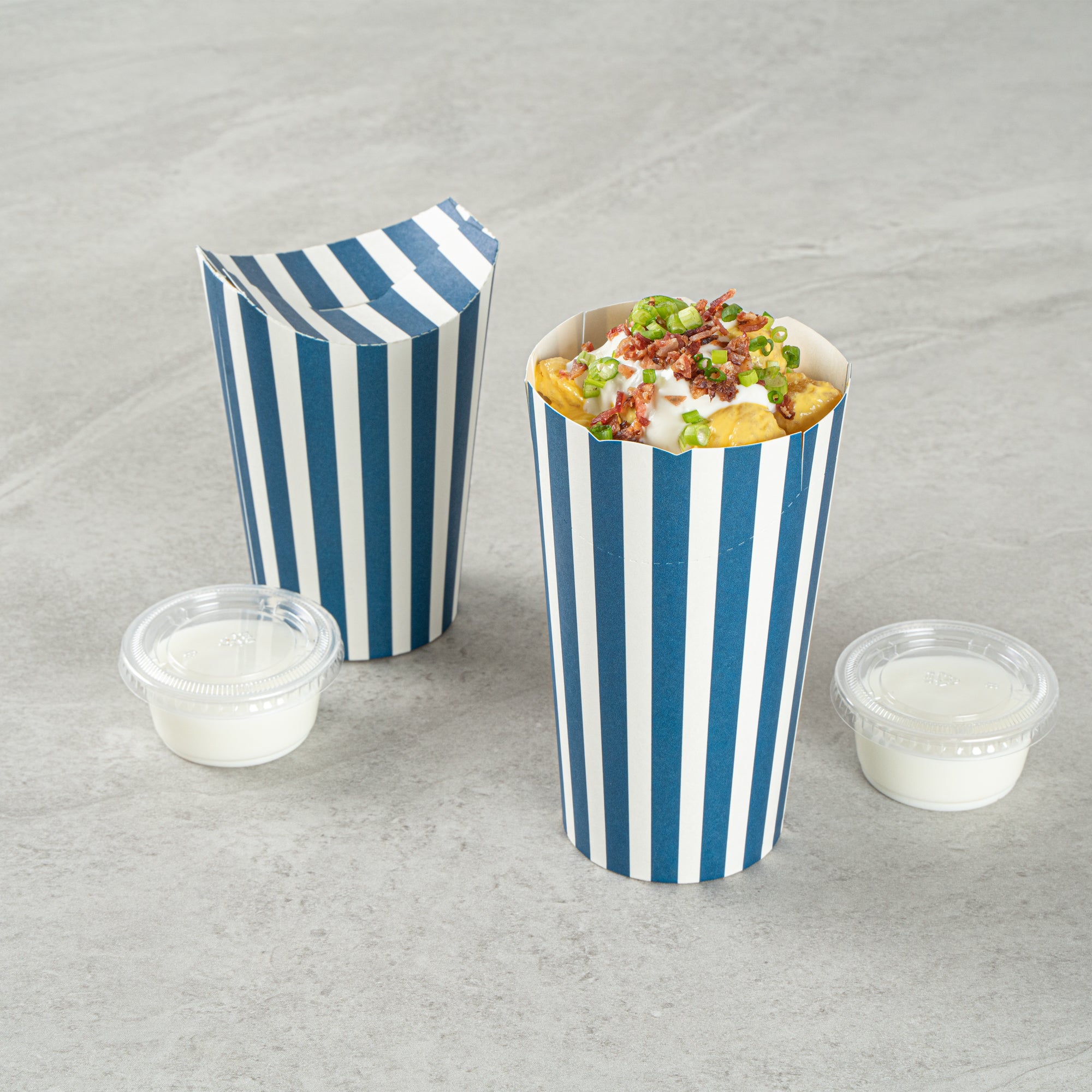 Bio Tek 20 oz Round Blue and White Stripe Paper To Go Fry Cup - 3 1/4" x 3 1/4" x 5" - 100 count box