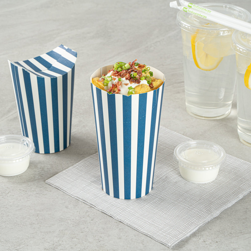 Bio Tek 20 oz Round Blue and White Stripe Paper To Go Fry Cup - 3 1/4" x 3 1/4" x 5" - 100 count box