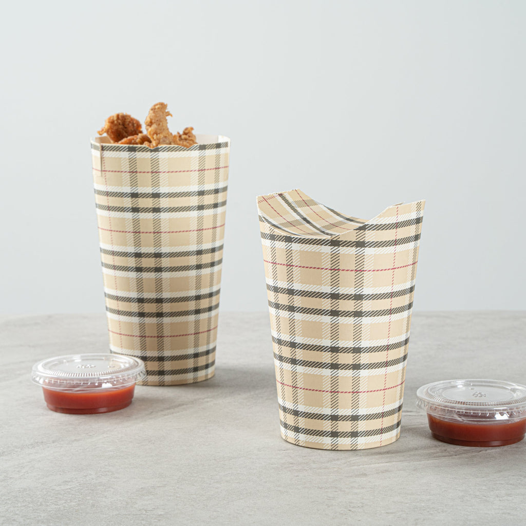 Bio Tek 20 oz Round Plaid Paper To Go Fry Cup - 3 1/4" x 3 1/4" x 5" - 100 count box