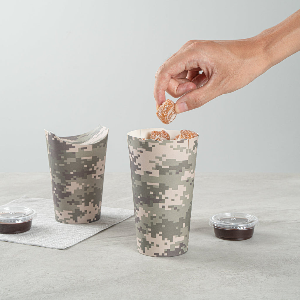 Bio Tek 20 oz Round Camouflage Paper To Go Fry Cup - 3 1/4" x 3 1/4" x 5" - 100 count box