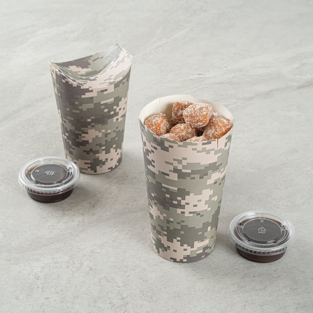Bio Tek 20 oz Round Camouflage Paper To Go Fry Cup - 3 1/4" x 3 1/4" x 5" - 100 count box