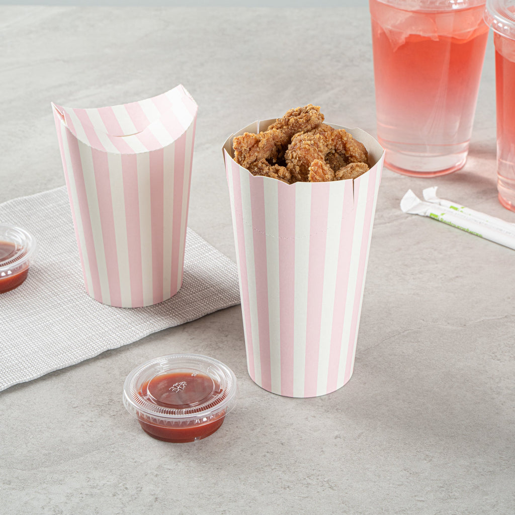 Bio Tek 20 oz Round Pink and White Stripe Paper To Go Fry Cup - 3 1/4" x 3 1/4" x 5" - 100 count box