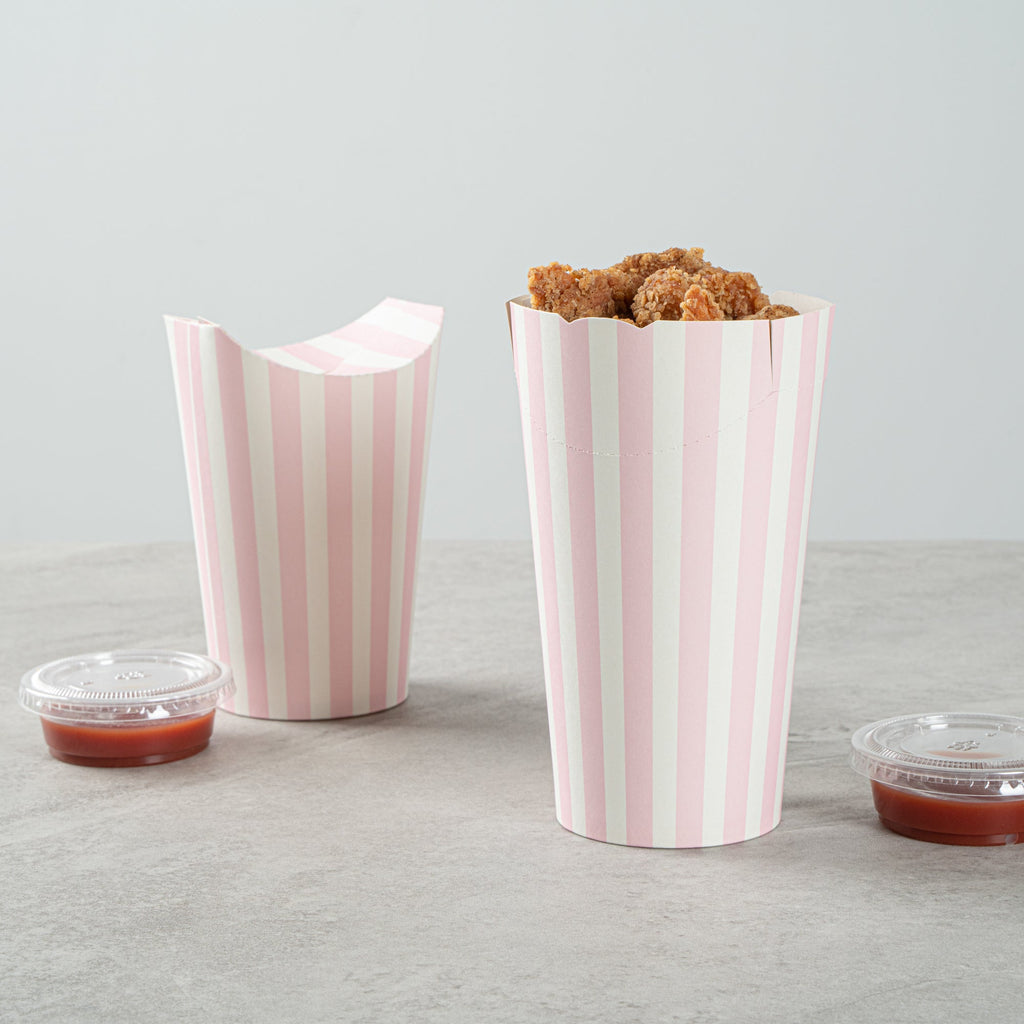 Bio Tek 20 oz Round Pink and White Stripe Paper To Go Fry Cup - 3 1/4" x 3 1/4" x 5" - 100 count box