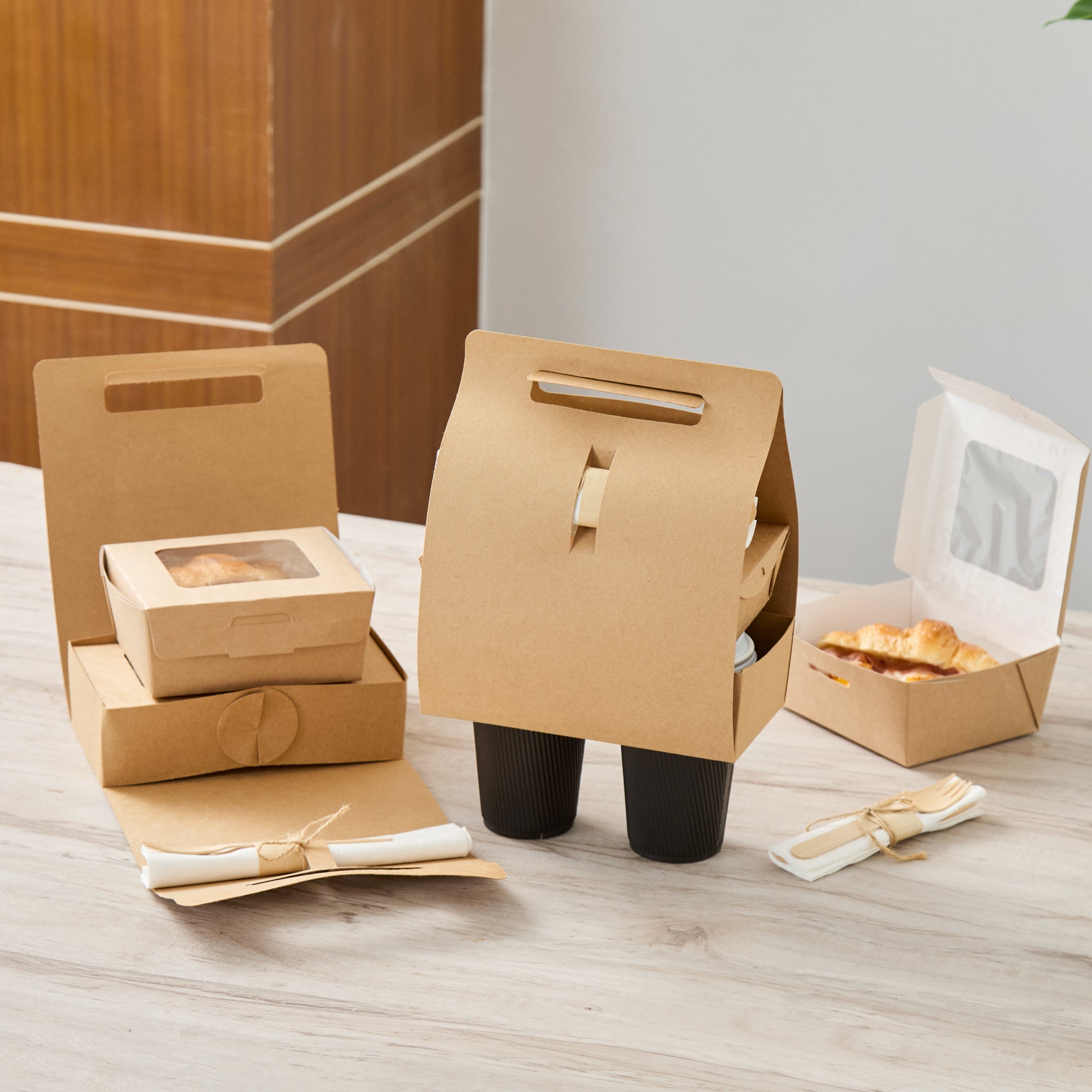 Bio Tek Kraft Paper To Go Lunch / Drink Carrier - with Handle - 8 3/4" x 4 1/4" x 8" - 100 count box