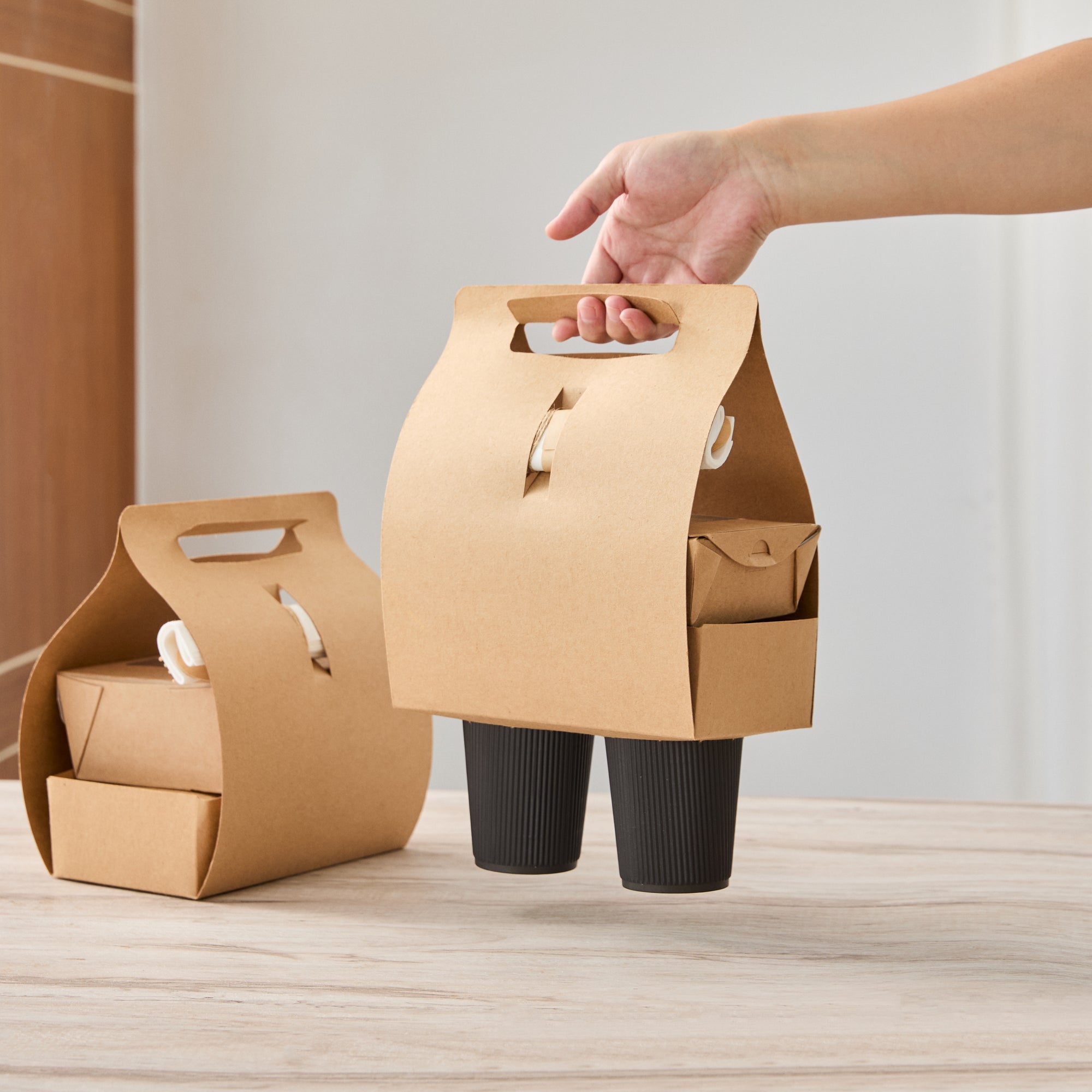 Bio Tek Kraft Paper To Go Lunch / Drink Carrier - with Handle - 8 3/4" x 4 1/4" x 8" - 100 count box