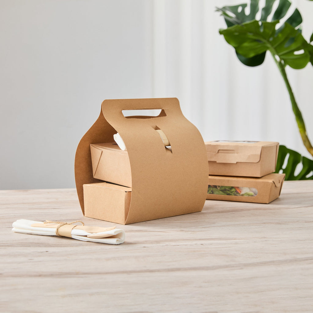 Bio Tek Kraft Paper To Go Lunch / Drink Carrier - with Handle - 8 3/4" x 4 1/4" x 8" - 100 count box