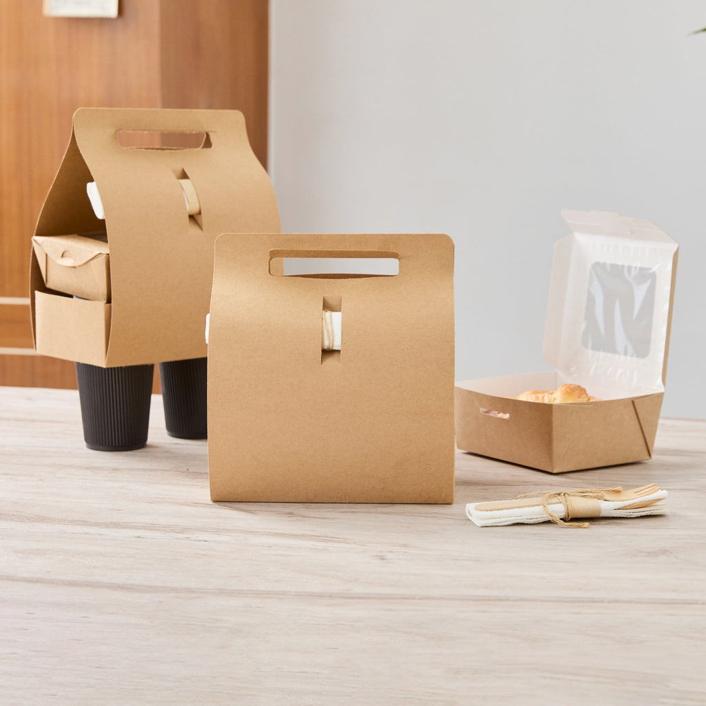 Bio Tek Kraft Paper To Go Lunch / Drink Carrier - with Handle - 8 3/4" x 4 1/4" x 8" - 100 count box