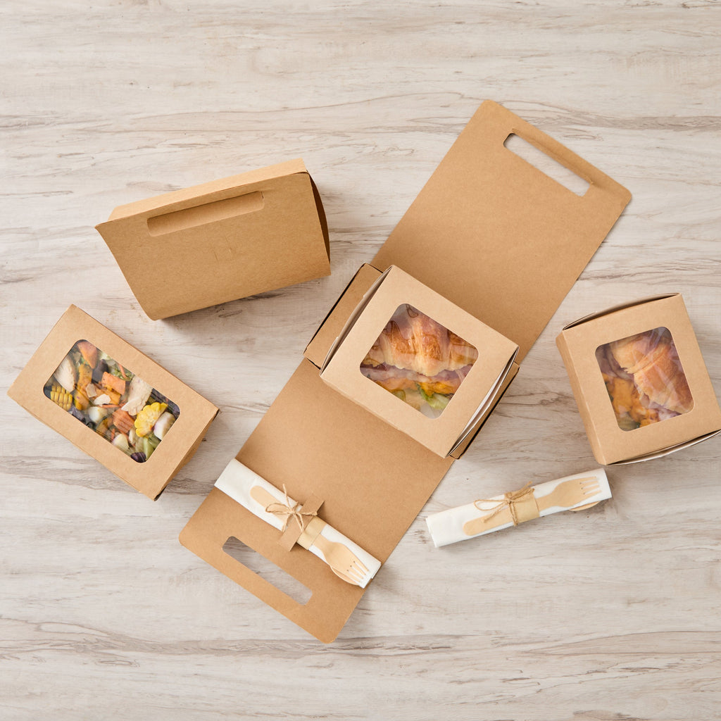 Bio Tek Kraft Paper To Go Lunch / Drink Carrier - with Handle - 8 3/4" x 4 1/4" x 8" - 100 count box