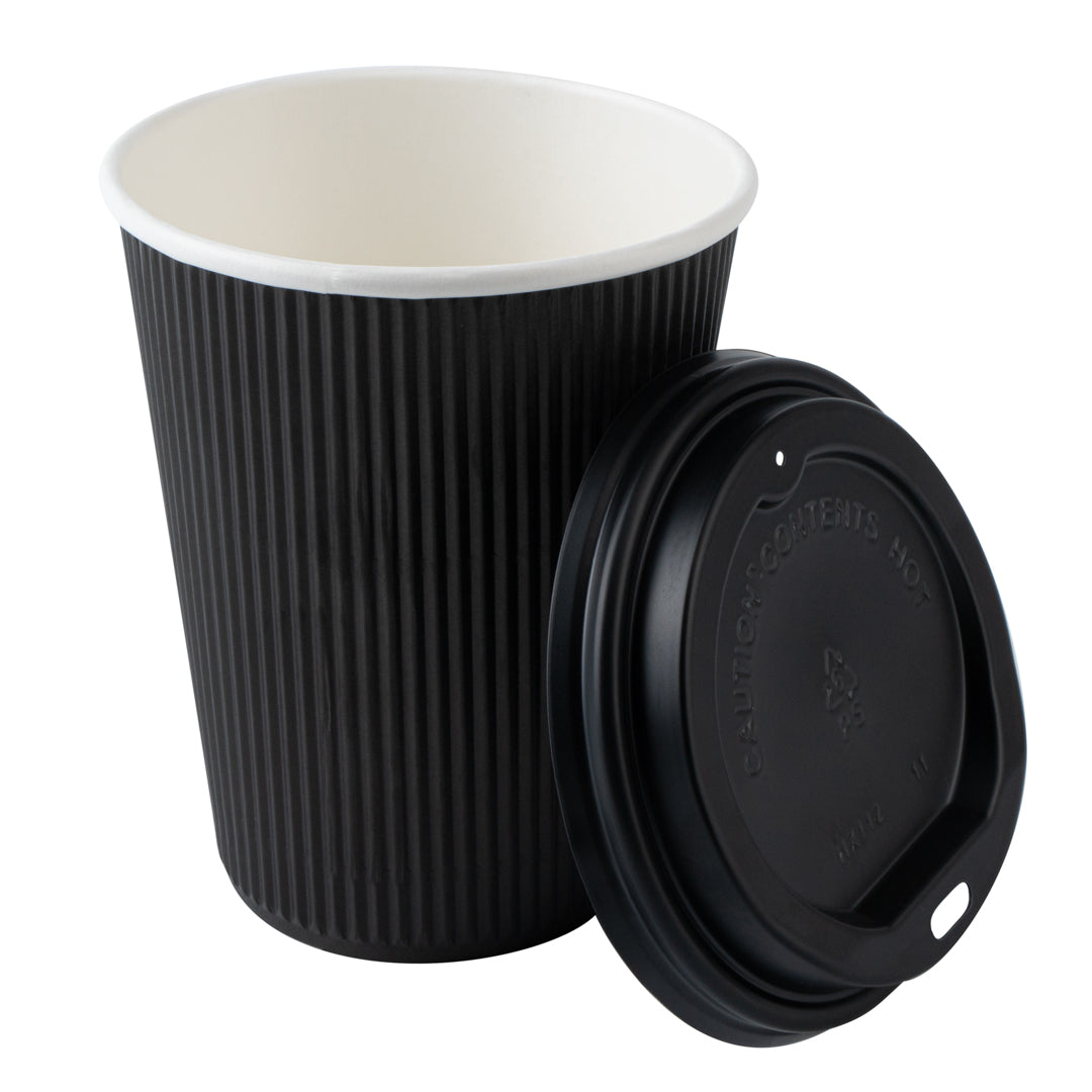 Restpresso 12 oz Black Paper Ripple Wall Coffee Cup - with Black Lid - 3 1/2" x 3 1/2" x 5" - 20 count box