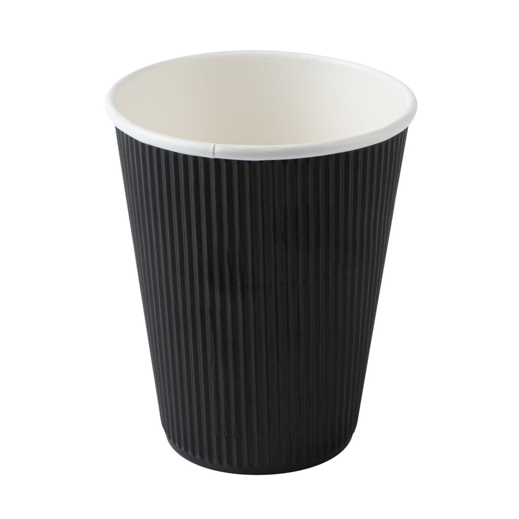 Restpresso 12 oz Black Paper Ripple Wall Coffee Cup - with Black Lid - 3 1/2" x 3 1/2" x 5" - 20 count box