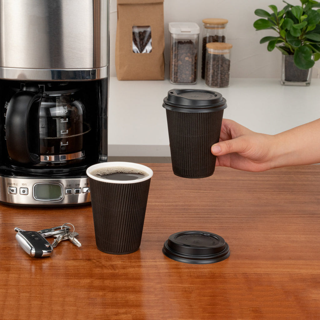 Restpresso 12 oz Black Paper Ripple Wall Coffee Cup - with Black Lid - 3 1/2" x 3 1/2" x 5" - 20 count box