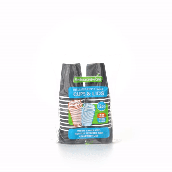 Restpresso 12 oz Black Paper Ripple Wall Coffee Cup - with Black Lid - 3 1/2" x 3 1/2" x 5" - 200 count box