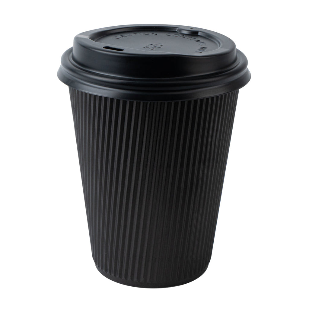 Restpresso 12 oz Black Paper Ripple Wall Coffee Cup - with Black Lid - 3 1/2" x 3 1/2" x 5" - 200 count box