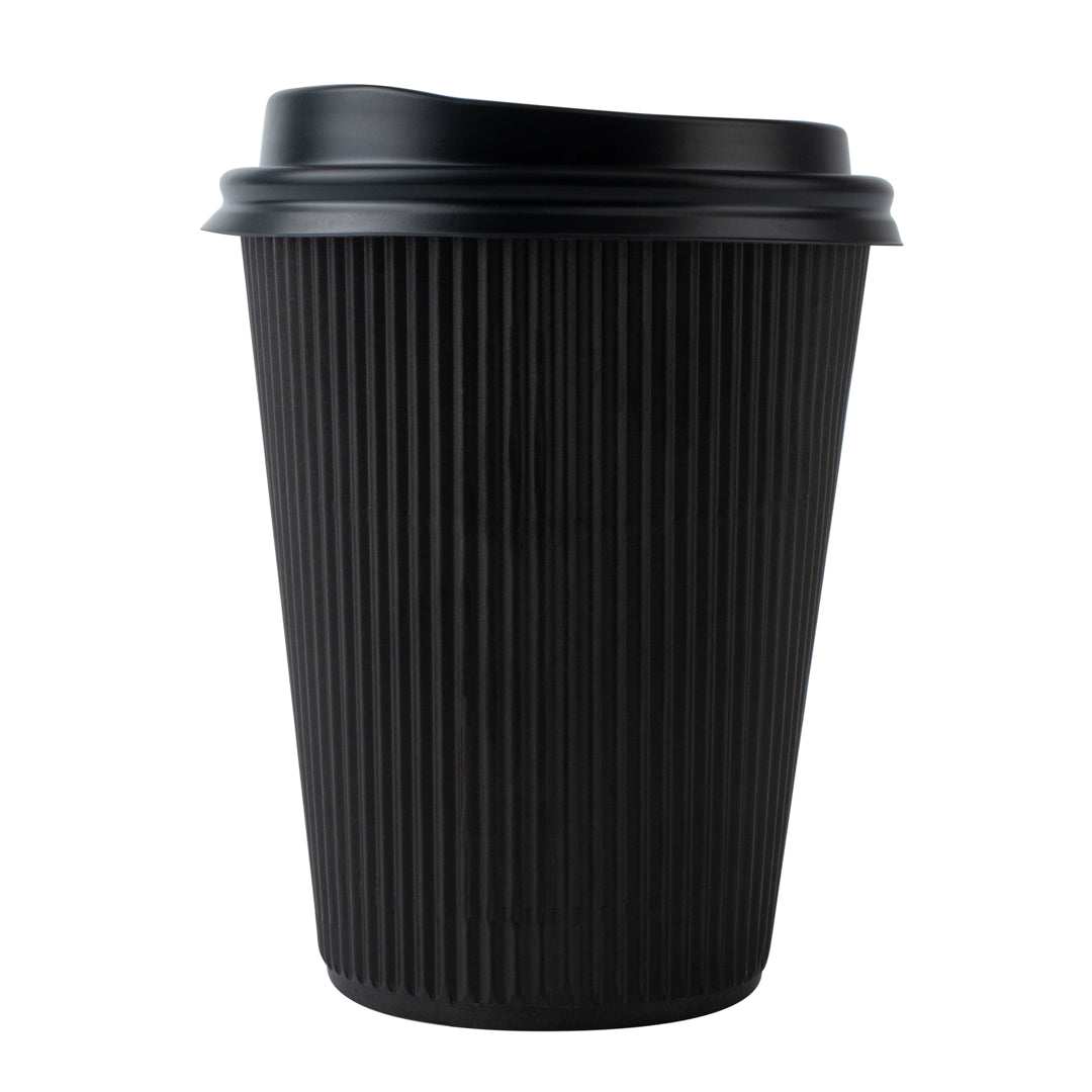Restpresso 12 oz Black Paper Ripple Wall Coffee Cup - with Black Lid - 3 1/2" x 3 1/2" x 5" - 200 count box