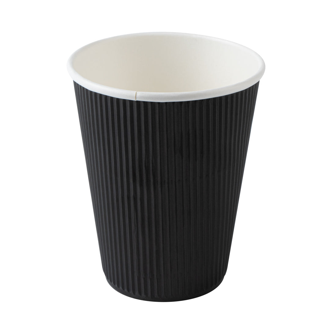 Restpresso 12 oz Black Paper Ripple Wall Coffee Cup - with Black Lid - 3 1/2" x 3 1/2" x 5" - 200 count box