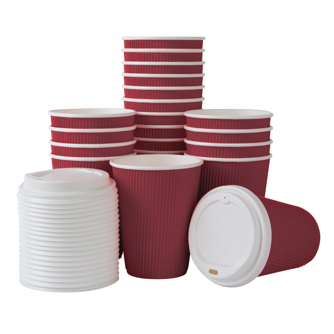 Restpresso 12 oz Crimson Paper Ripple Wall Coffee Cup - with White Lid - 3 1/2" x 3 1/2" x 5" - 20 count box