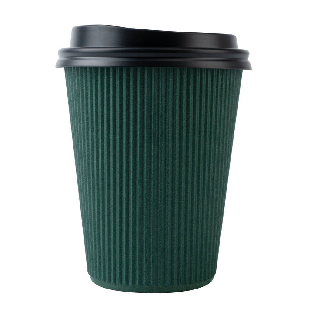 Restpresso 12 oz Dark Green Paper Ripple Wall Coffee Cup - with Black Lid - 3 1/2" x 3 1/2" x 5" - 20 count box