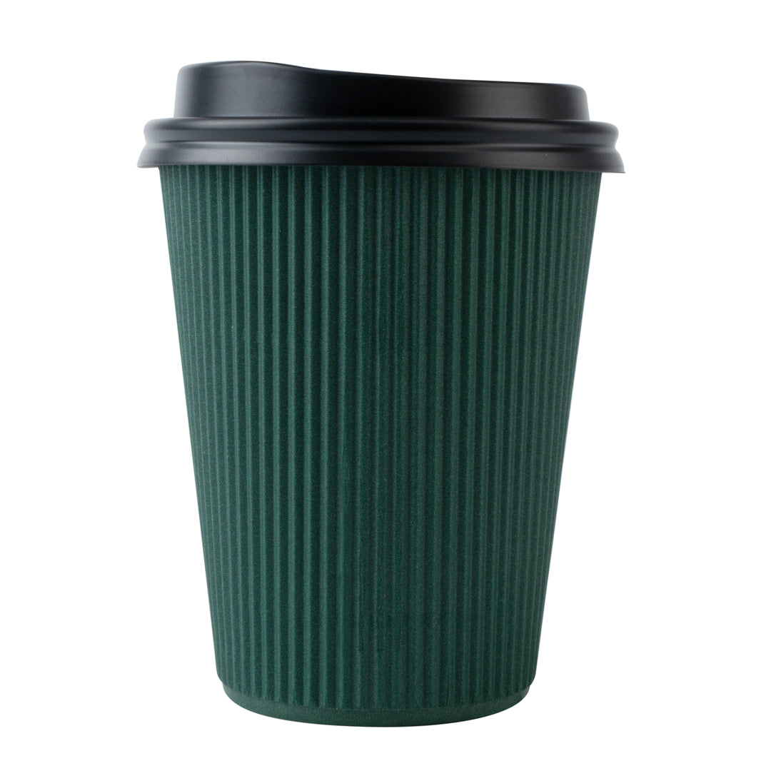 Restpresso 12 oz Dark Green Paper Ripple Wall Coffee Cup - with Black Lid - 3 1/2" x 3 1/2" x 5" - 20 count box