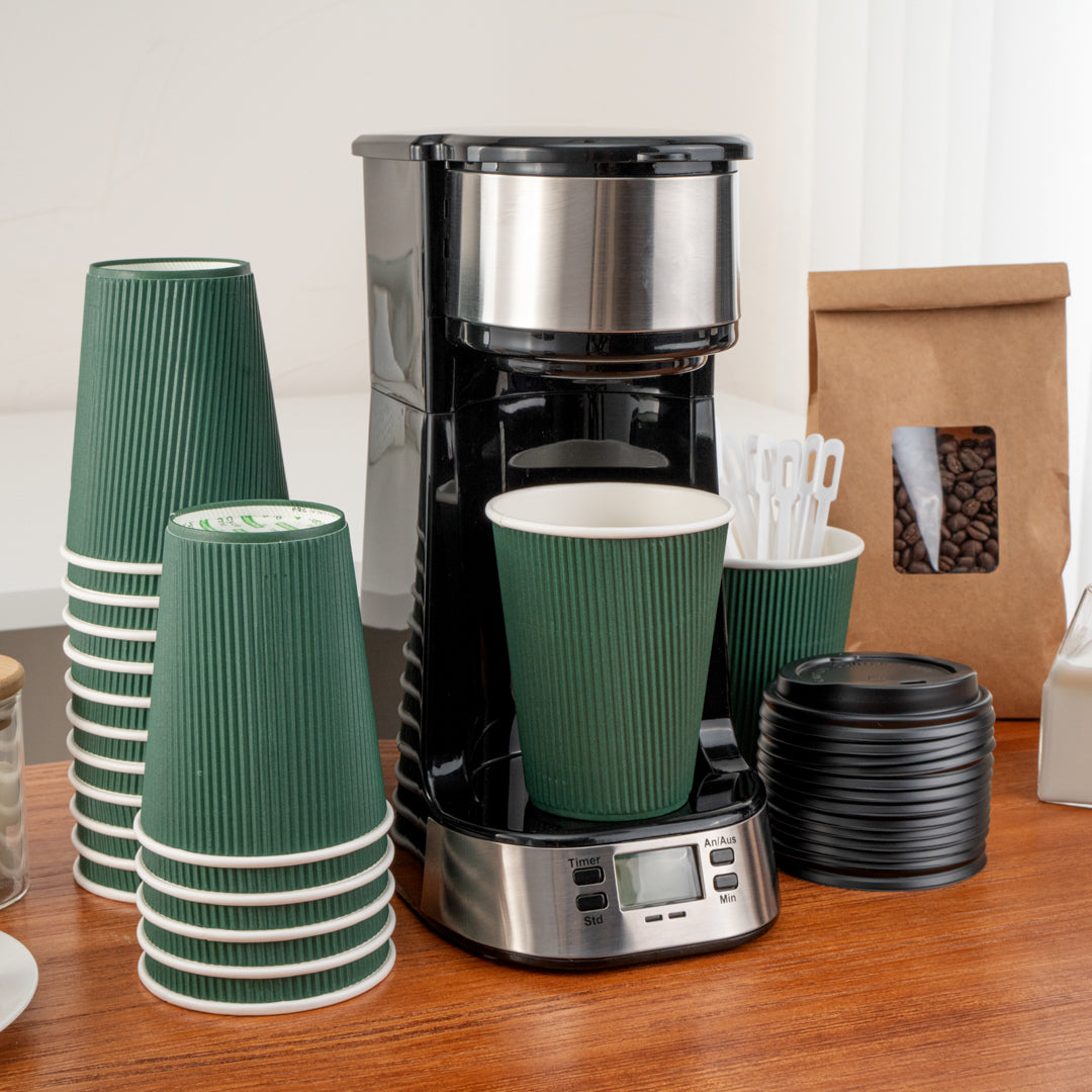 Restpresso 12 oz Dark Green Paper Ripple Wall Coffee Cup - with Black Lid - 3 1/2" x 3 1/2" x 5" - 20 count box